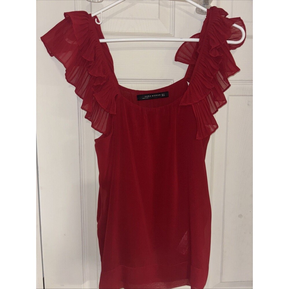 Zara Red Ruffled Sleeve Chiffon Tank Top